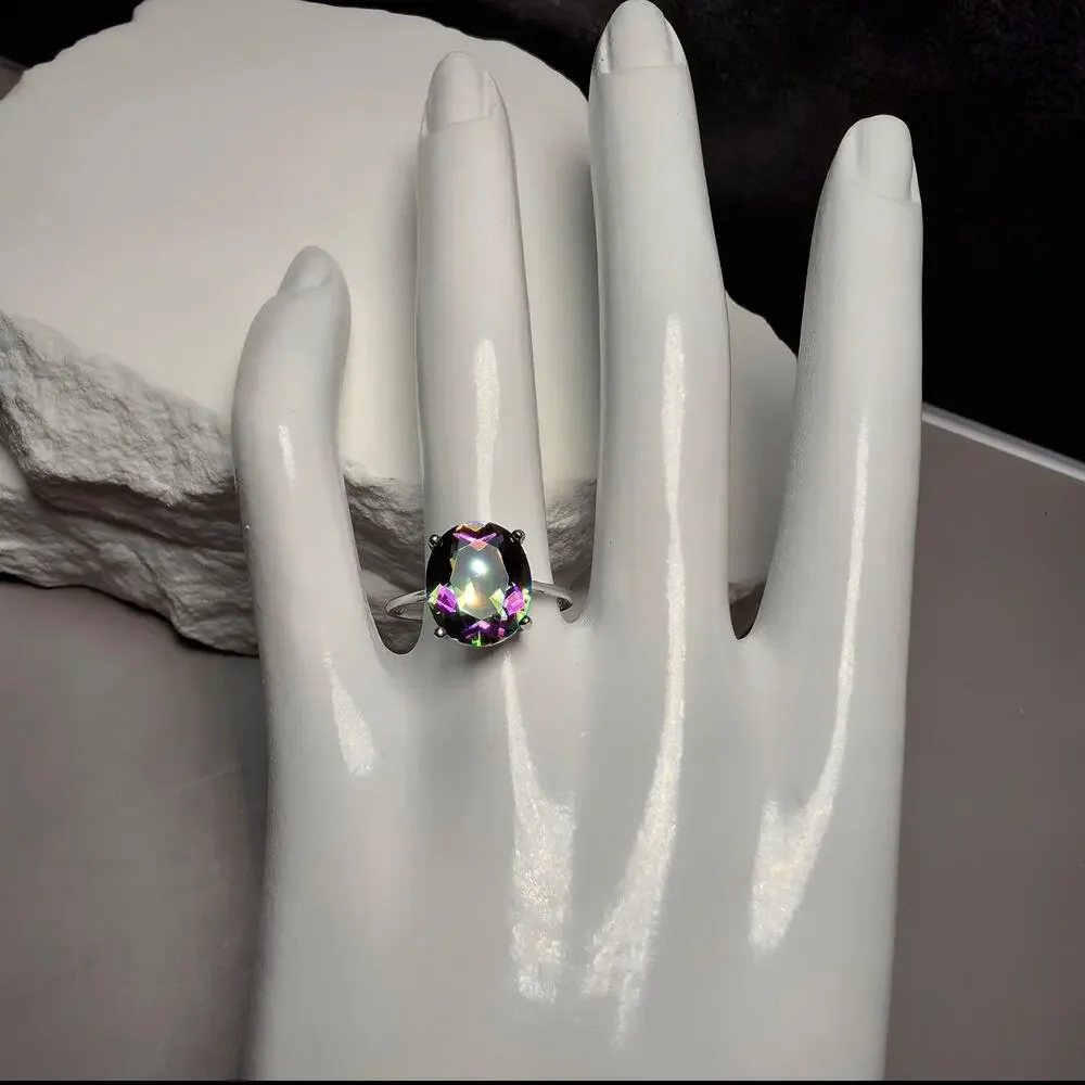 Genuine Oval Mystic Topaz Solitaire Ring in 925 Sterling Silver – Size 8